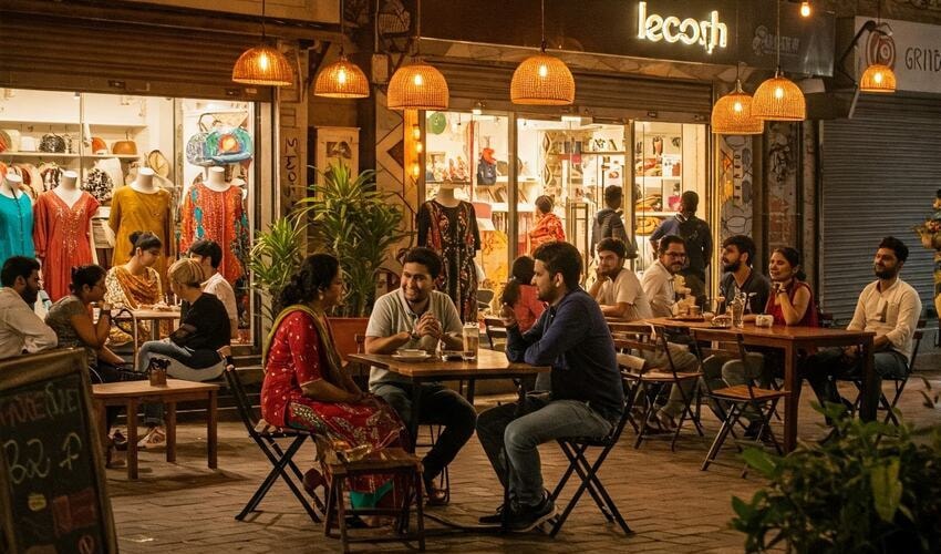 People dining at open-air cafés and shopping at modern plazas in Baner, showcasing lifestyle and leisure.