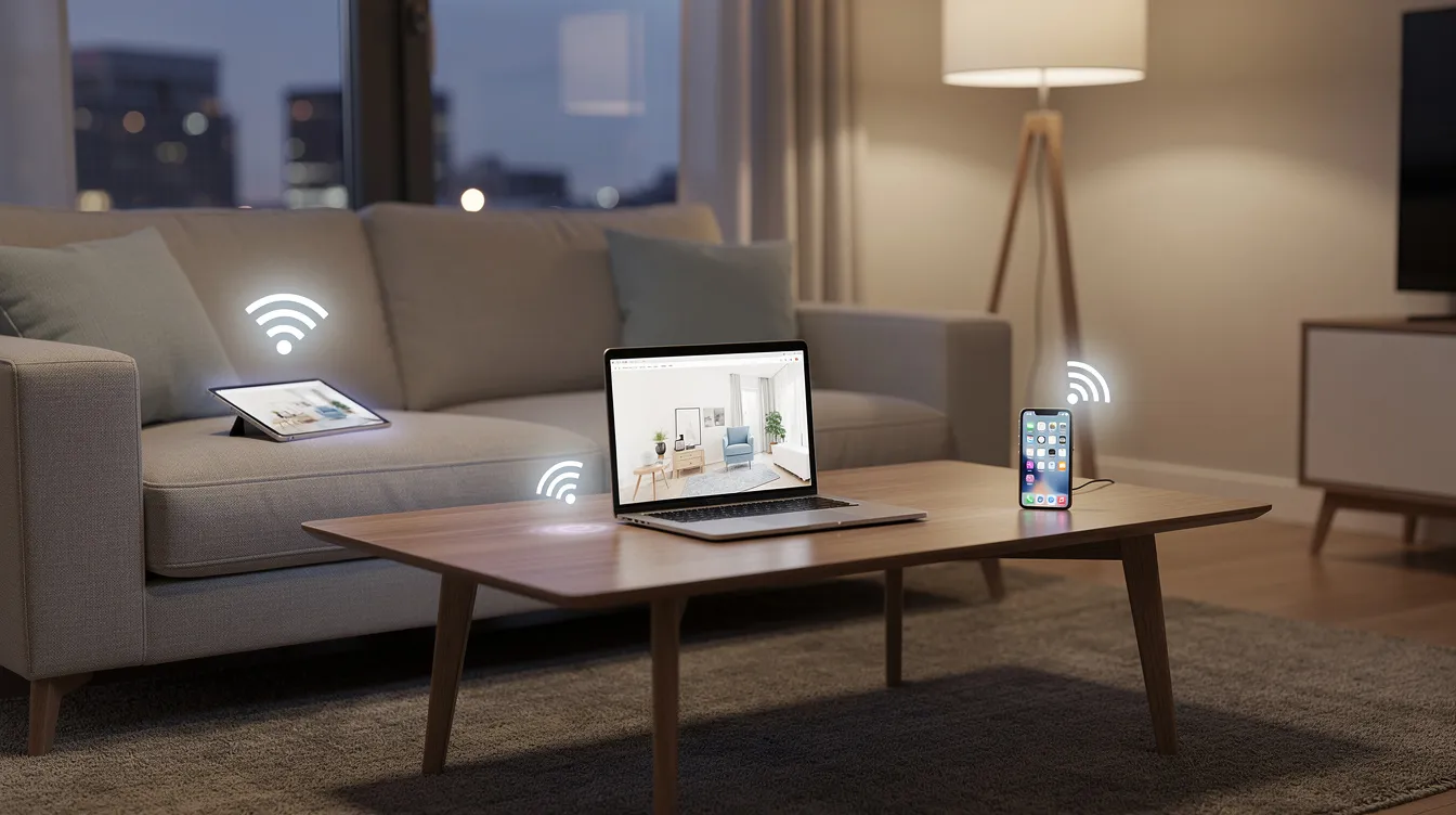 Das Bild zeigt ein modernes Wohnzimmer, in dem ein Laptop, ein Tablet und ein Smartphone auf einem Tisch stehen, die alle mit dem WLAN verbunden sind. Die Anwesenheit mehrerer Geräte deutet auf mögliche WLAN Probleme hin, die Nutzer wie bei der Fritzbox 7590 erleben könnten.