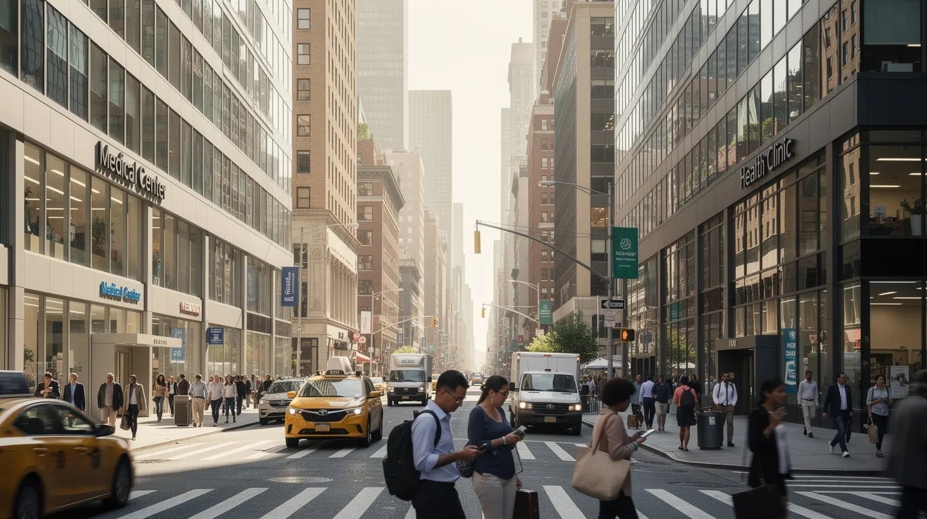 The image depicts a bustling midtown Manhattan street filled with pedestrians walking alongside modern medical office buildings, highlighting the vibrant atmosphere of the area. This scene reflects the availability of various men's health services, including testosterone replacement therapy and hormone therapy clinics, catering to the health needs of the community.