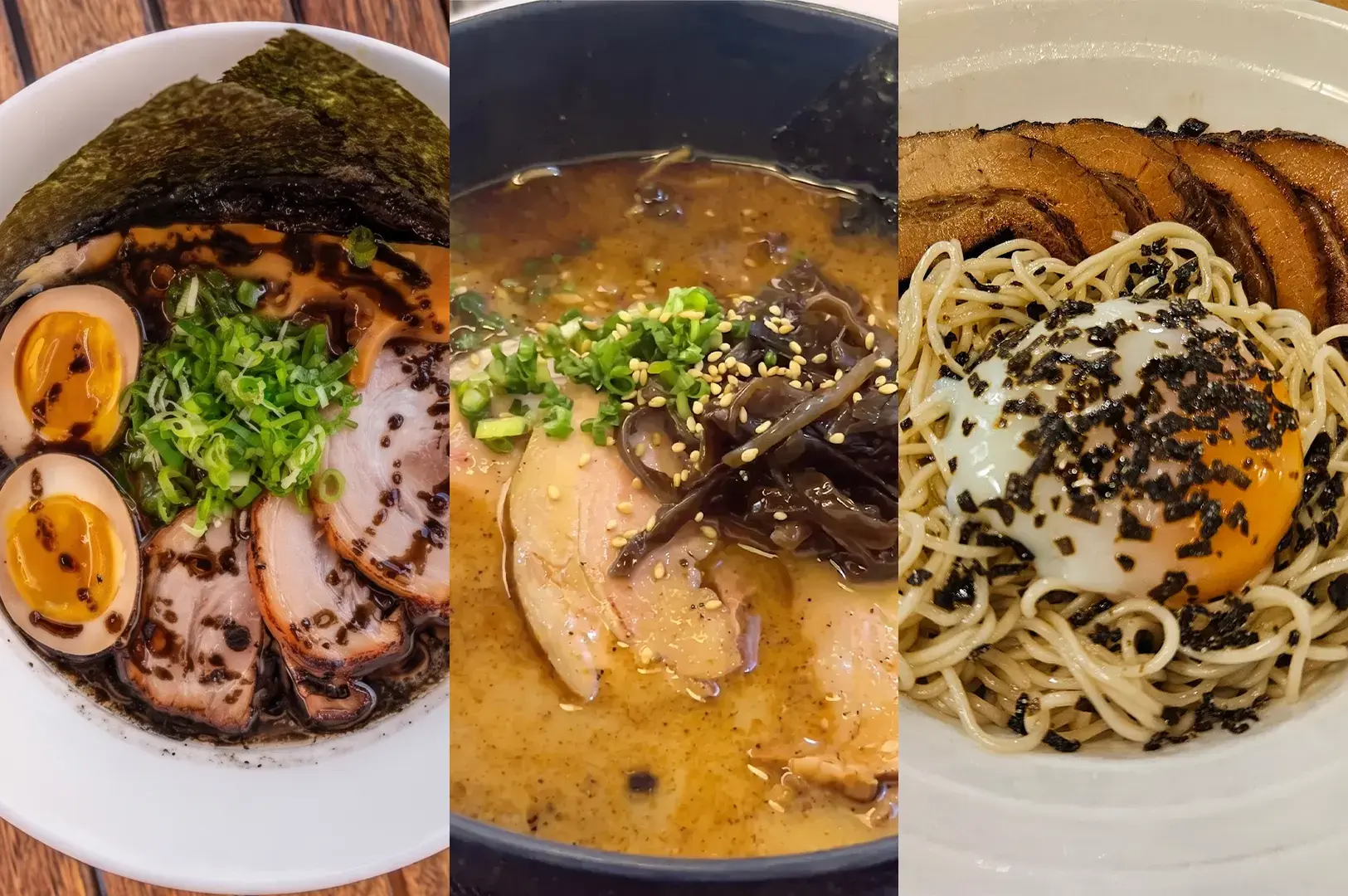 A collage of three different Japanese ramen bowls featuring pork chashu, soft-boiled eggs, nori, and flavorful broth.