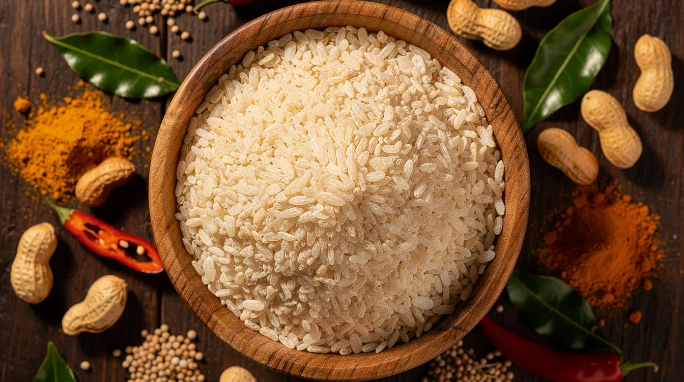 A close-up view of flattened rice flakes in a wooden bowl, surrounded by scattered spices, peanuts, and mustard seeds, ideal for preparing an instant poha mix. This image showcases the essential ingredients for a delicious breakfast, highlighting the importance of food safety and compliance with food authority regulations.