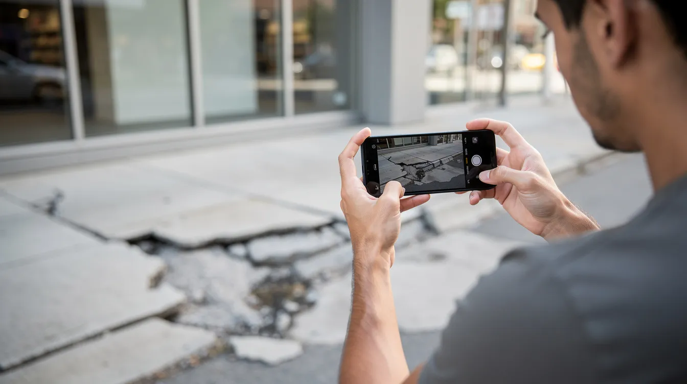 A person is capturing a photo with a smartphone of an uneven sidewalk located near a commercial building, highlighting a potential hazard that could lead to premises liability claims. This image underscores the importance of property owners maintaining safe conditions to prevent slip and fall accidents.