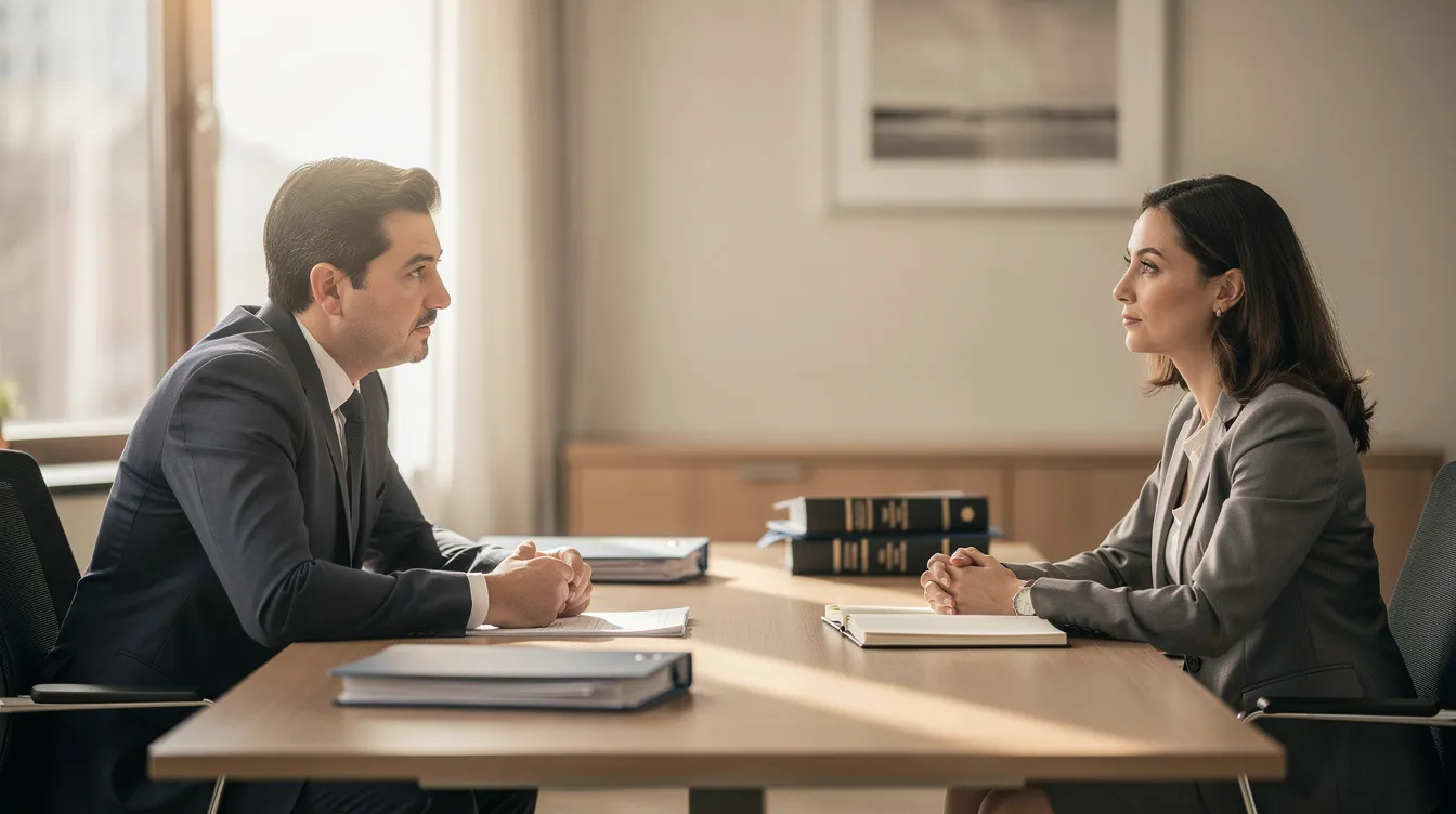 The image depicts an experienced workers compensation attorney meeting with a client in a calm office setting, discussing the client's workers compensation claims related to emotional distress and physical injury from a traumatic workplace event. The atmosphere is professional and supportive, emphasizing the importance of mental health and the claims process for injured workers.
