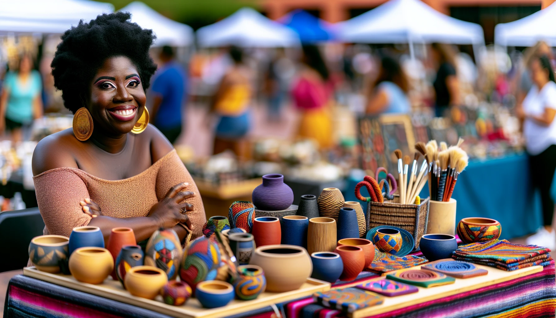 A woman showcasing her handmade crafts on a table