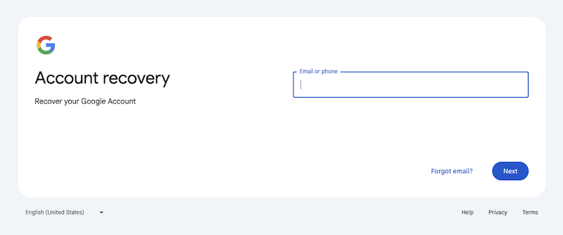 The Google account recovery page.