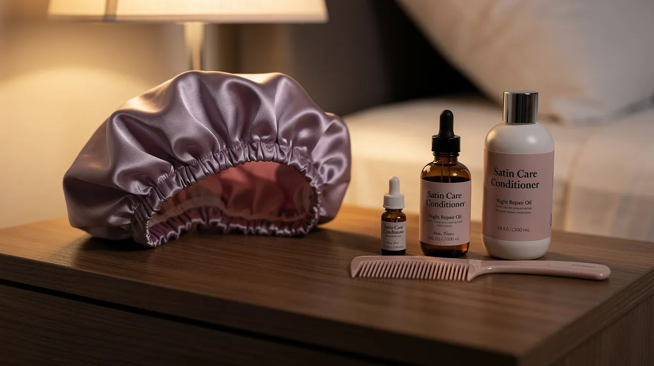 A satin bonnet rests on a nightstand beside an array of hair care products, including braid gel, edge control, and coconut oil, ideal for maintaining healthy curls and braids. The products are designed for various hair types, ensuring optimal results for styling and frizz control.