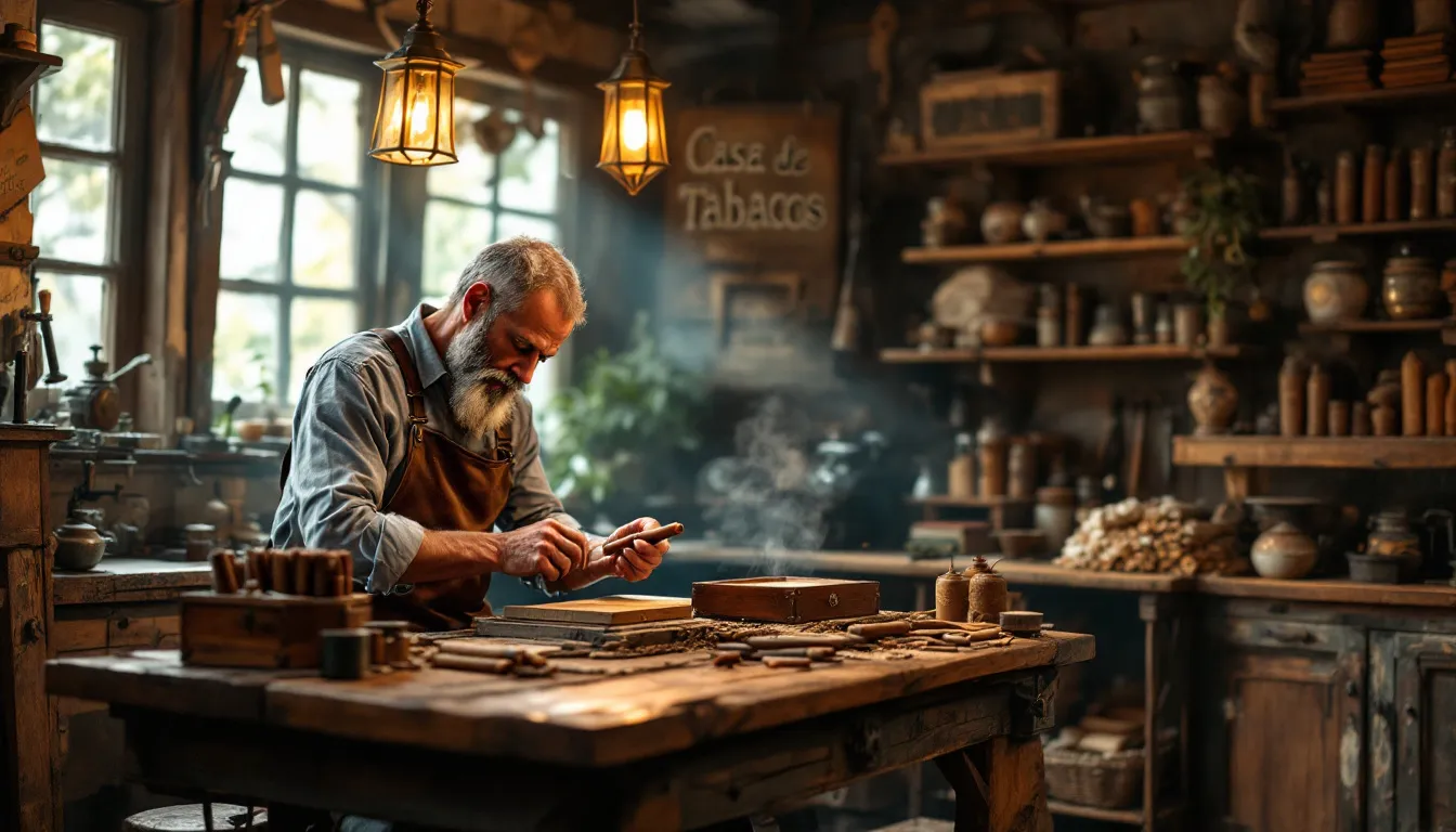 A craftsman rolling handmade cigars in a workshop.