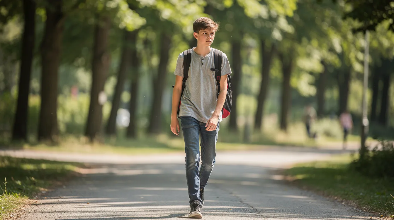 A teenager is walking alone outdoors, surrounded by trees, reflecting a moment of solitude that may suggest underlying emotional struggles or intense feelings. This image could resonate with themes of managing anger and the importance of emotional well-being during the challenging teenage years.
