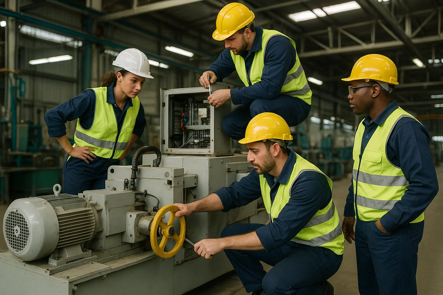“Factory maintenance team working during planned downtime to prevent failures”