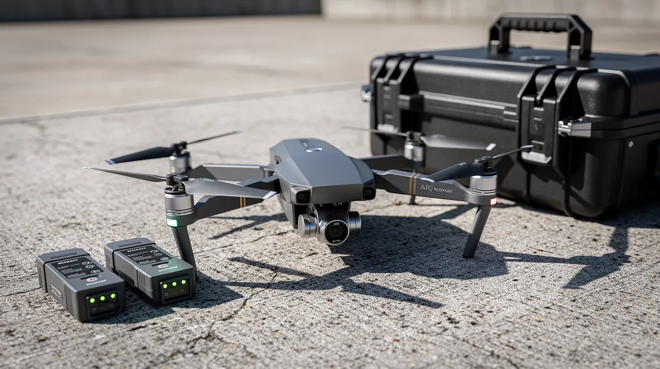 A professional drone designed for roof inspections is prominently displayed on a concrete surface, accompanied by spare batteries and a carrying case, all illuminated by outdoor sunlight. This setup highlights the drone technology used in construction projects for data collection and visual inspections.