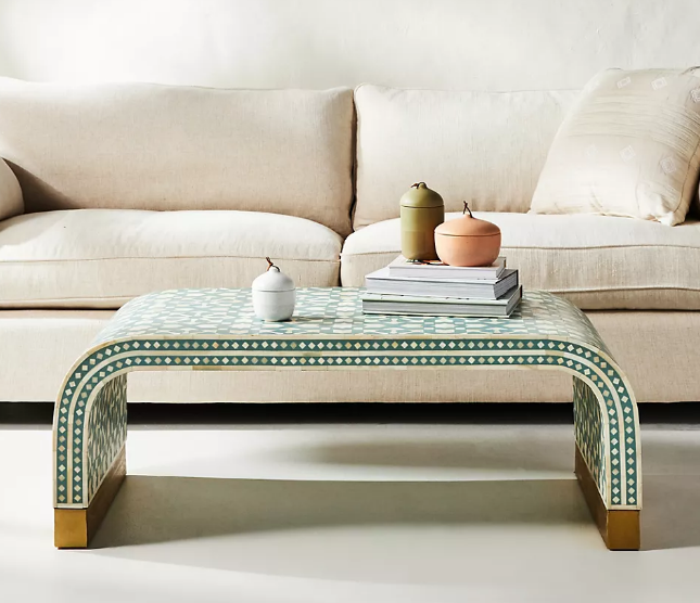 Moroccan print coffee table with waterfall edges