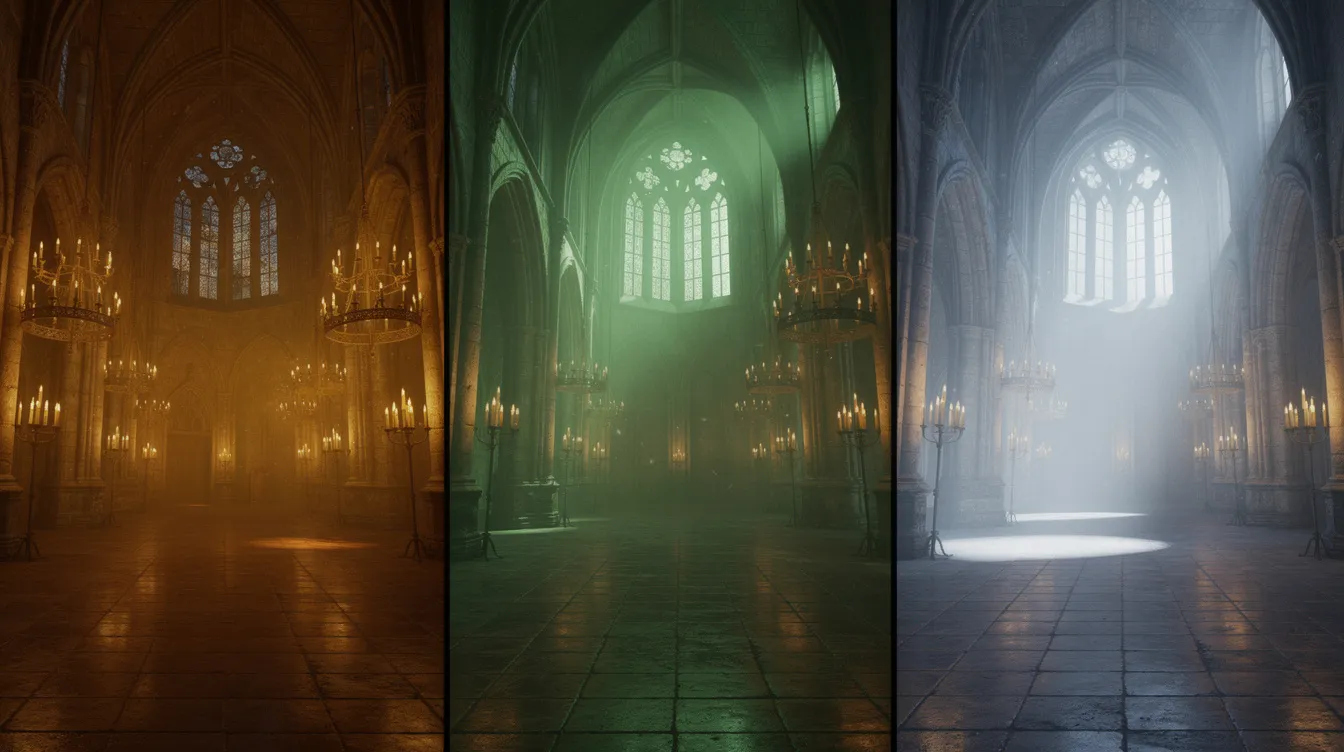 Die drei nebeneinander dargestellten Filmbilder zeigen eine große Schlosshalle: Links ist sie warmgolden mit Kerzenlicht beleuchtet, in der Mitte schimmert sie grün und wirkt etwas dunkler, während rechts kühles, bläuliches Tageslicht durch hohe Fenster strömt. Diese Szenerie erinnert an die magische Atmosphäre der Harry Potter Bücher und die Abenteuer von Harry, Ron und Hermine in Hogwarts.