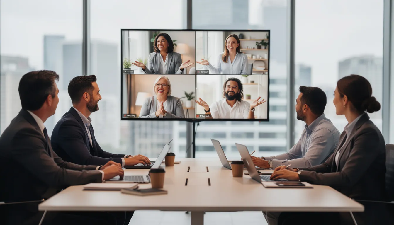 A diverse team is engaged in a video call, collaborating with remote colleagues to manage administrative tasks and enhance productivity. They are discussing specific job requirements and the benefits of hiring virtual assistants to streamline operations and support their business goals.