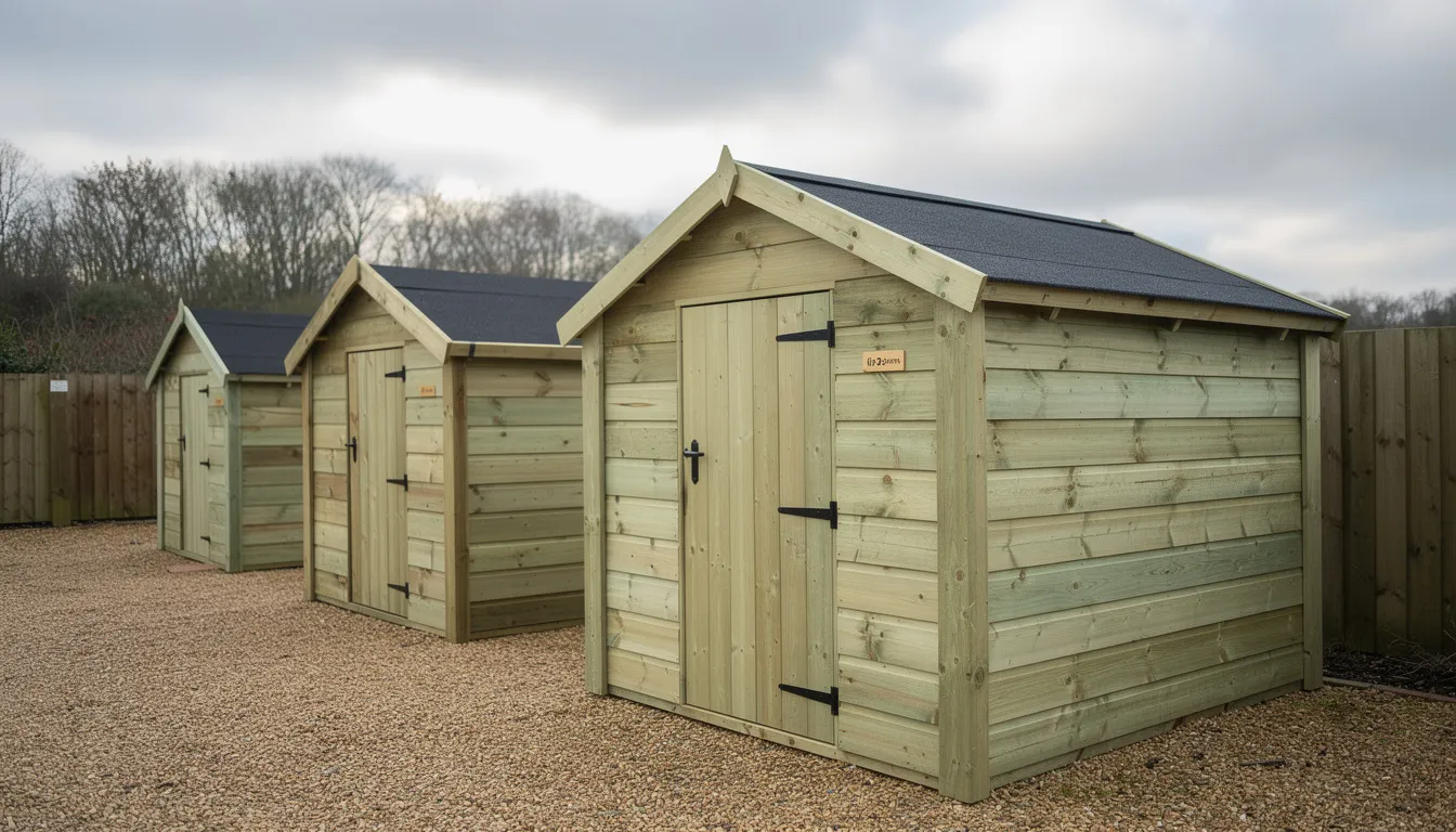 The image showcases a range of tanalised sheds, highlighting their pressure-treated timber construction designed to withstand wet weather and high winds. These garden storage solutions feature a secure design with a strong frame and low maintenance requirements, making them an ideal choice for anyone looking to protect their belongings from the elements.