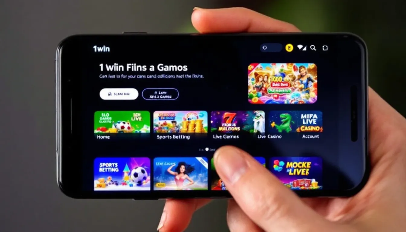 The image shows a mobile phone displaying the user-friendly interface of the 1win app, featuring various betting options including sports betting, casino games, and live dealer games. The screen highlights promotions like welcome bonuses and free bets, inviting users to start playing and place bets easily on their Android and iOS devices.