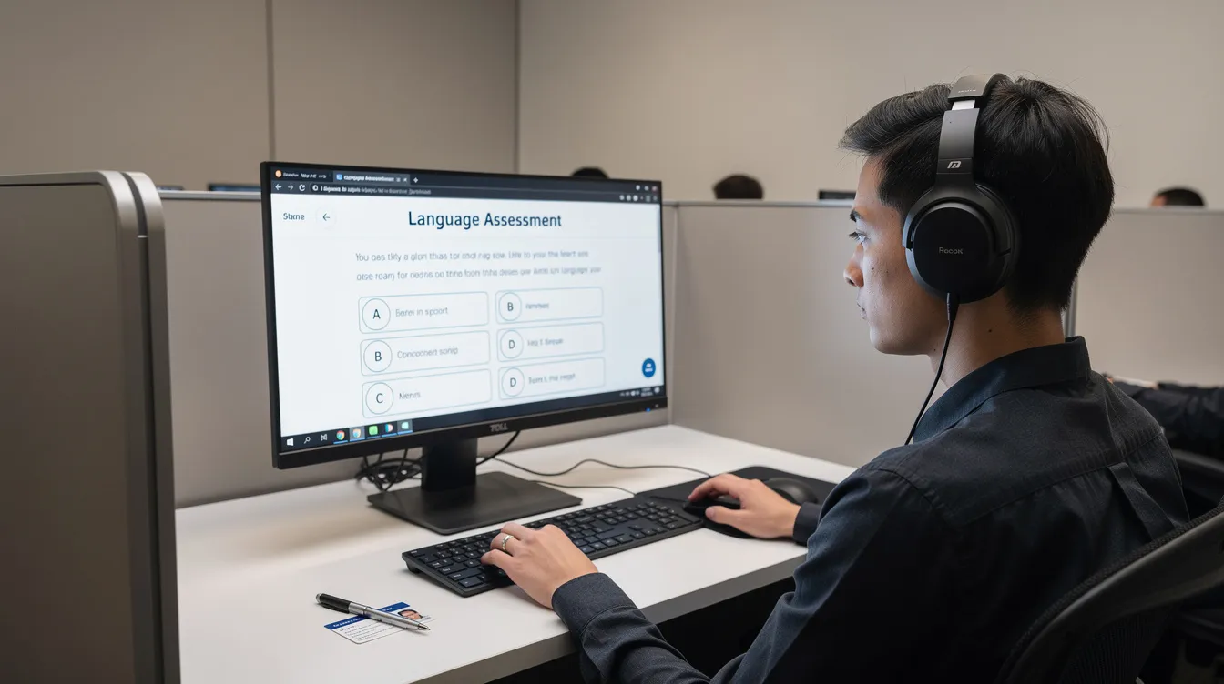 A test taker wearing headphones seated at a computer in a quiet testing room, focused on completing the CELPIP General Test