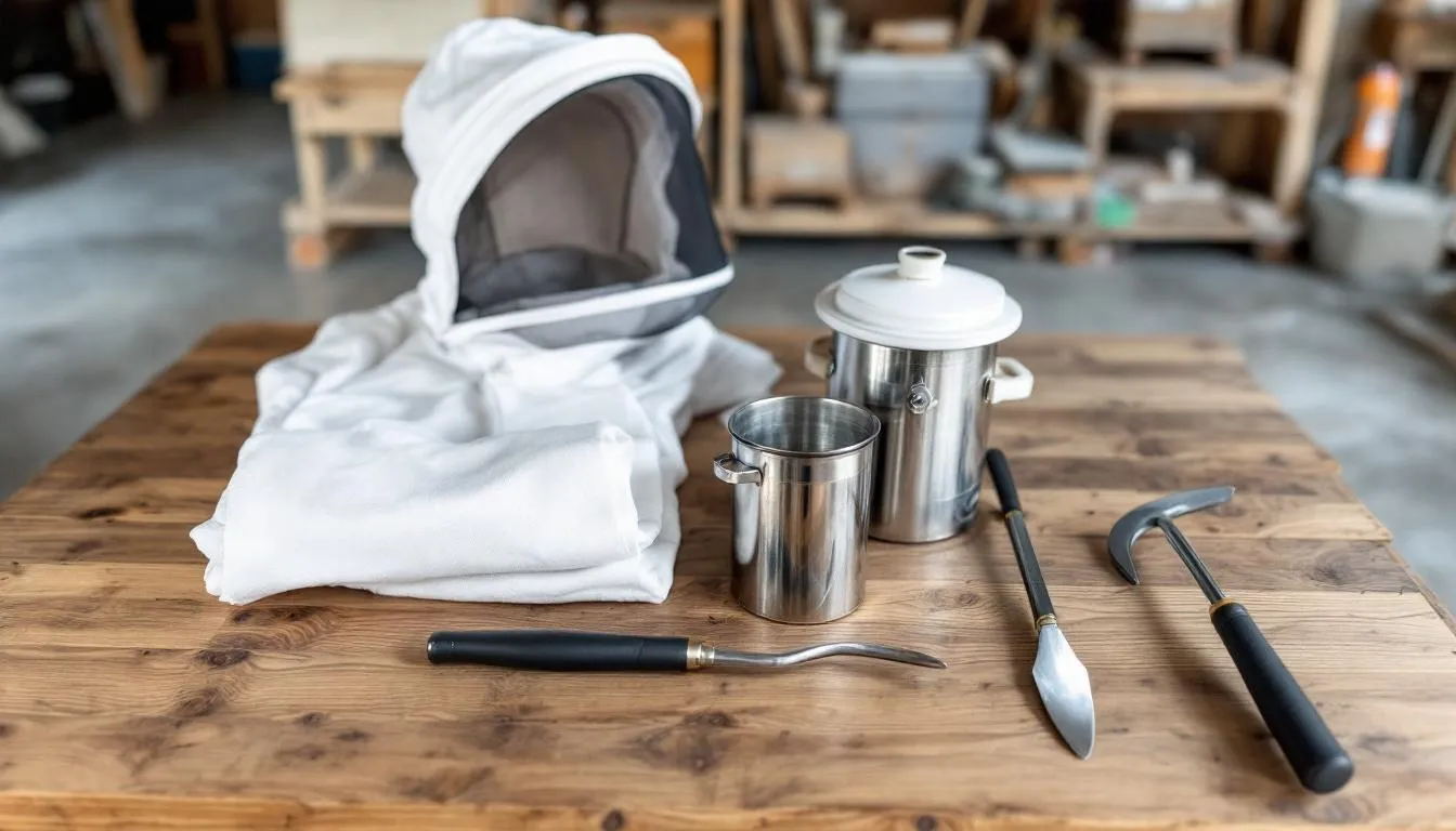 The image features various beekeeping equipment neatly arranged, including a protective suit, smoker, australian hive tool, and american hive tool, essential for managing honey bee colonies. This setup is ideal for beekeeping for beginners looking to start beekeeping and ensure safe honey production.