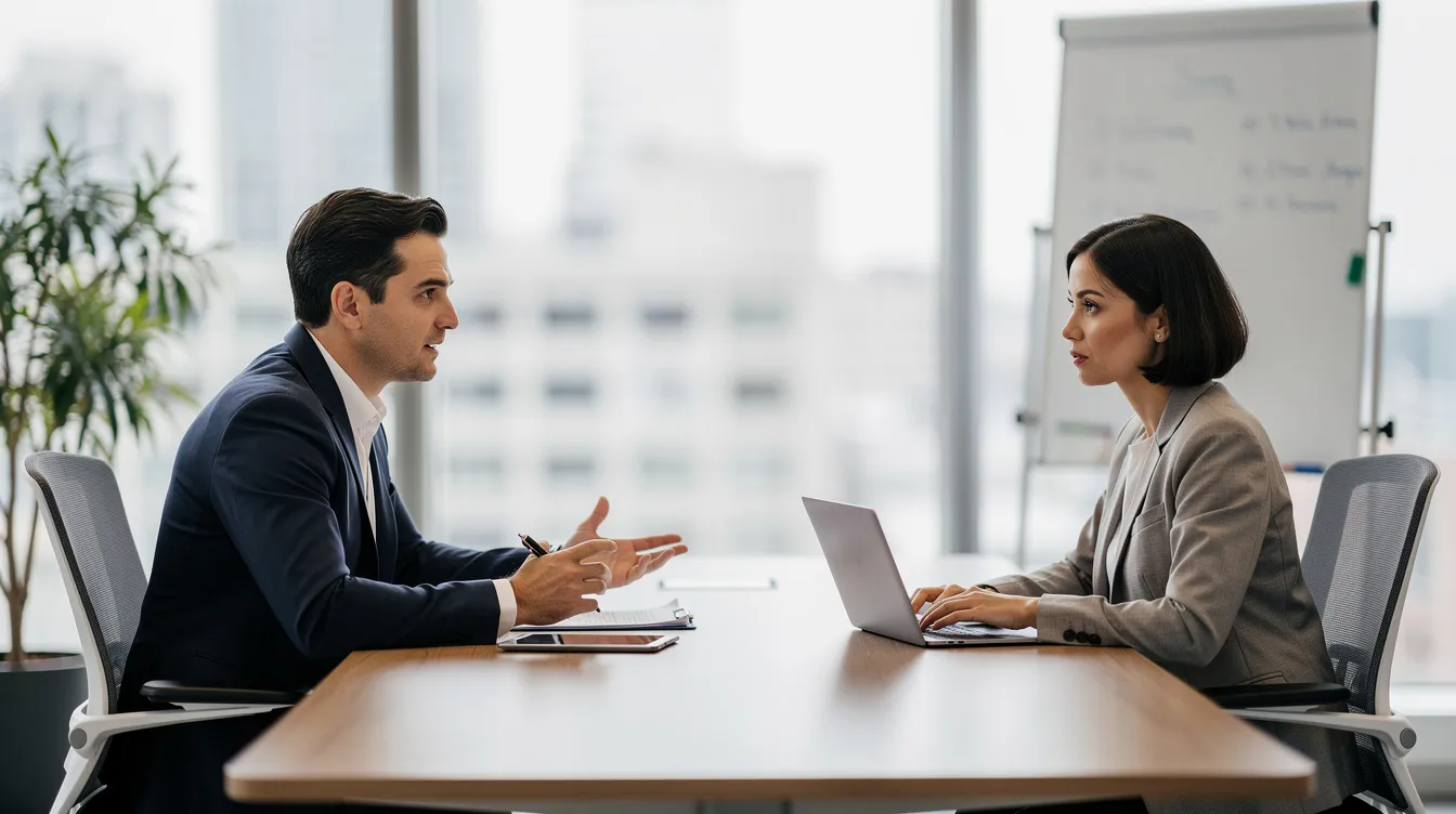 The image depicts two individuals engaged in a professional consultation meeting across a table in an office setting, discussing financial matters such as debt restructuring and repayment plans. Their focused expressions suggest they are exploring options for managing debts and improving their financial situation.