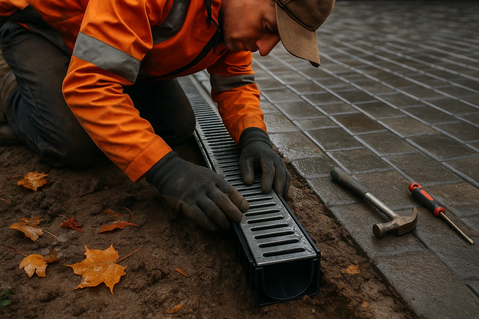 Drainage system being installed beneath a driveway by a professional landscaper.