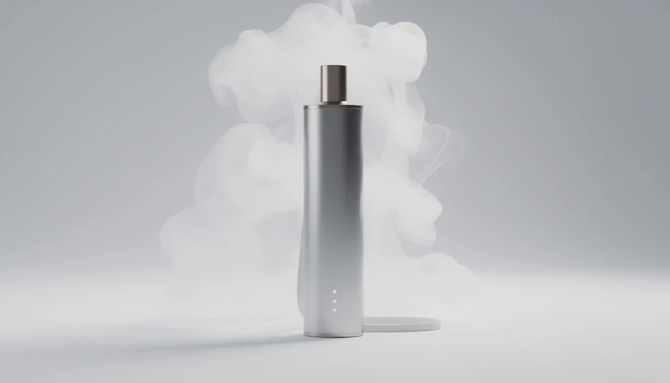 Ein moderner Vaporizer steht vor einem neutralen Hintergrund und erzeugt eine Dampfwolke, die sanft in die Luft aufsteigt. Dieses Gerät wird häufig in der Cannabisindustrie verwendet, um die Wirkstoffe wie Cannabinoide schonend zu inhalieren.