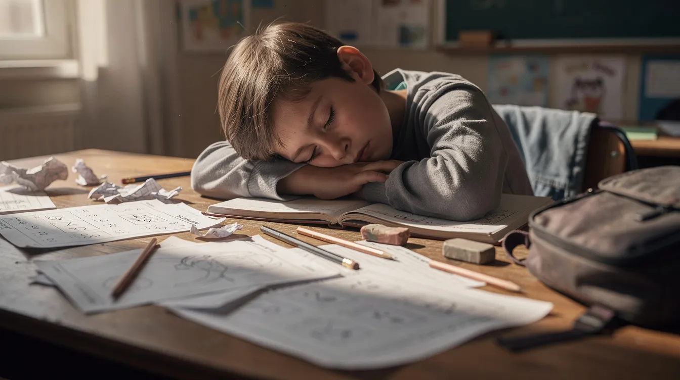 A tired child rests their head on a cluttered desk filled with scattered worksheets and pencils, reflecting the stress and school anxiety they may be feeling. This scene highlights the importance of emotional regulation and support for students struggling with their mental health and coping strategies in a primary school setting.