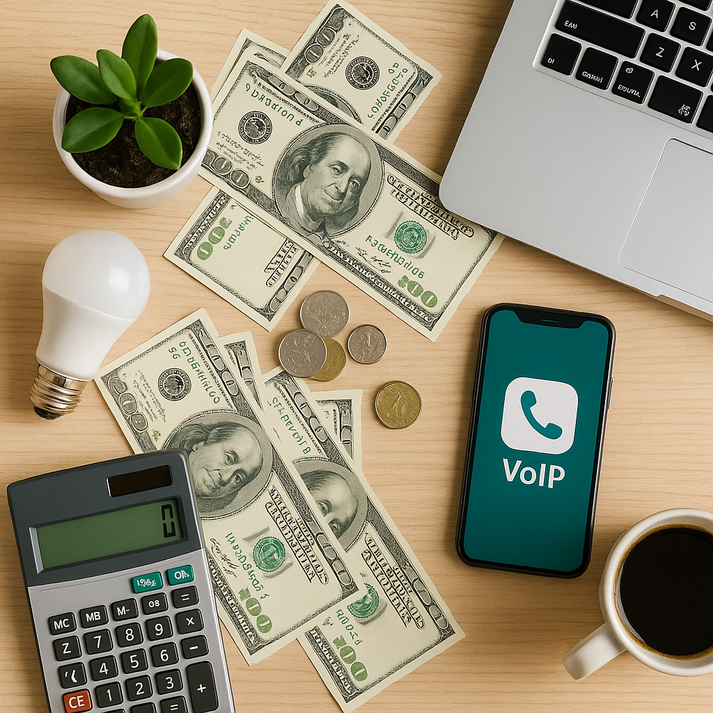 Shot of an LED bulb, calculator, plant, and smartphone with VoIP icon illustrating cost avoidance and growth initiatives from aligning costs with eco-friendly suppliers.