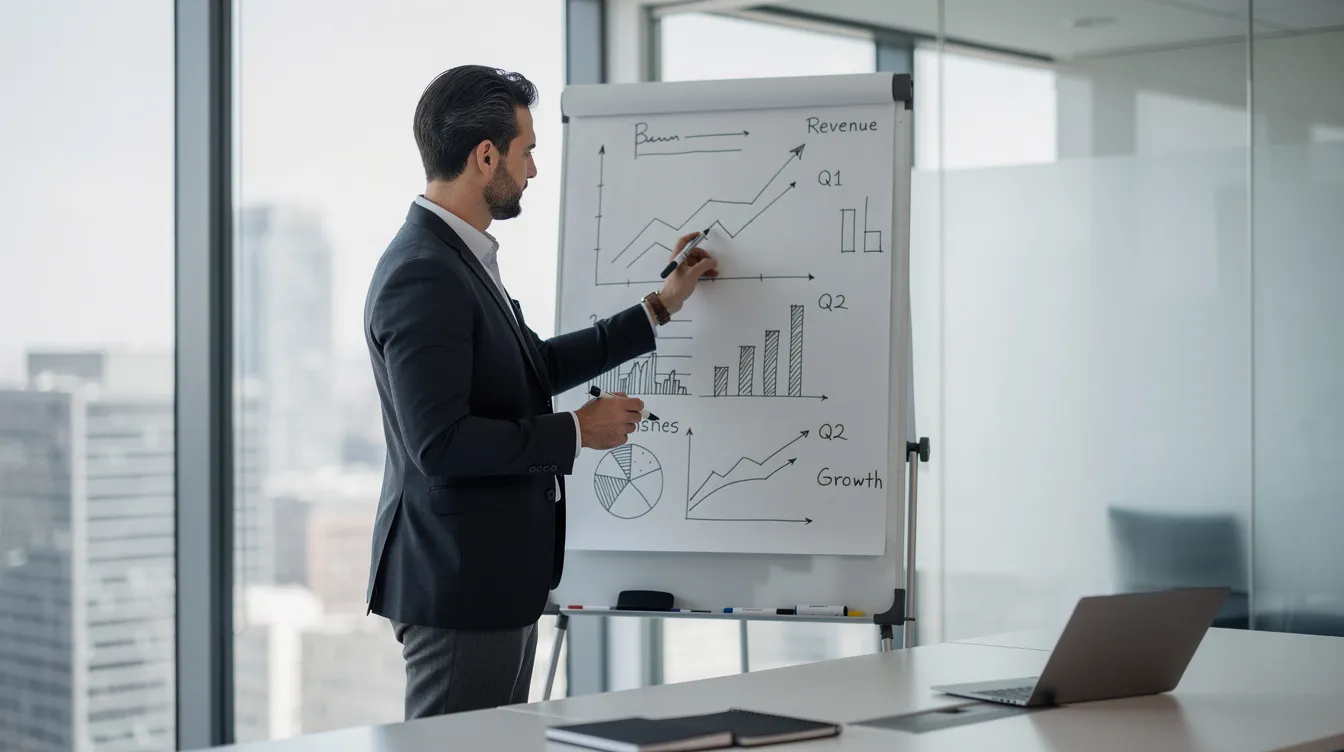 A professional is seen analyzing business growth charts on a whiteboard in a sleek modern office, symbolizing the strategic planning involved in running a successful web design company. This scene reflects the importance of understanding financial goals and client relationships in the web design business.