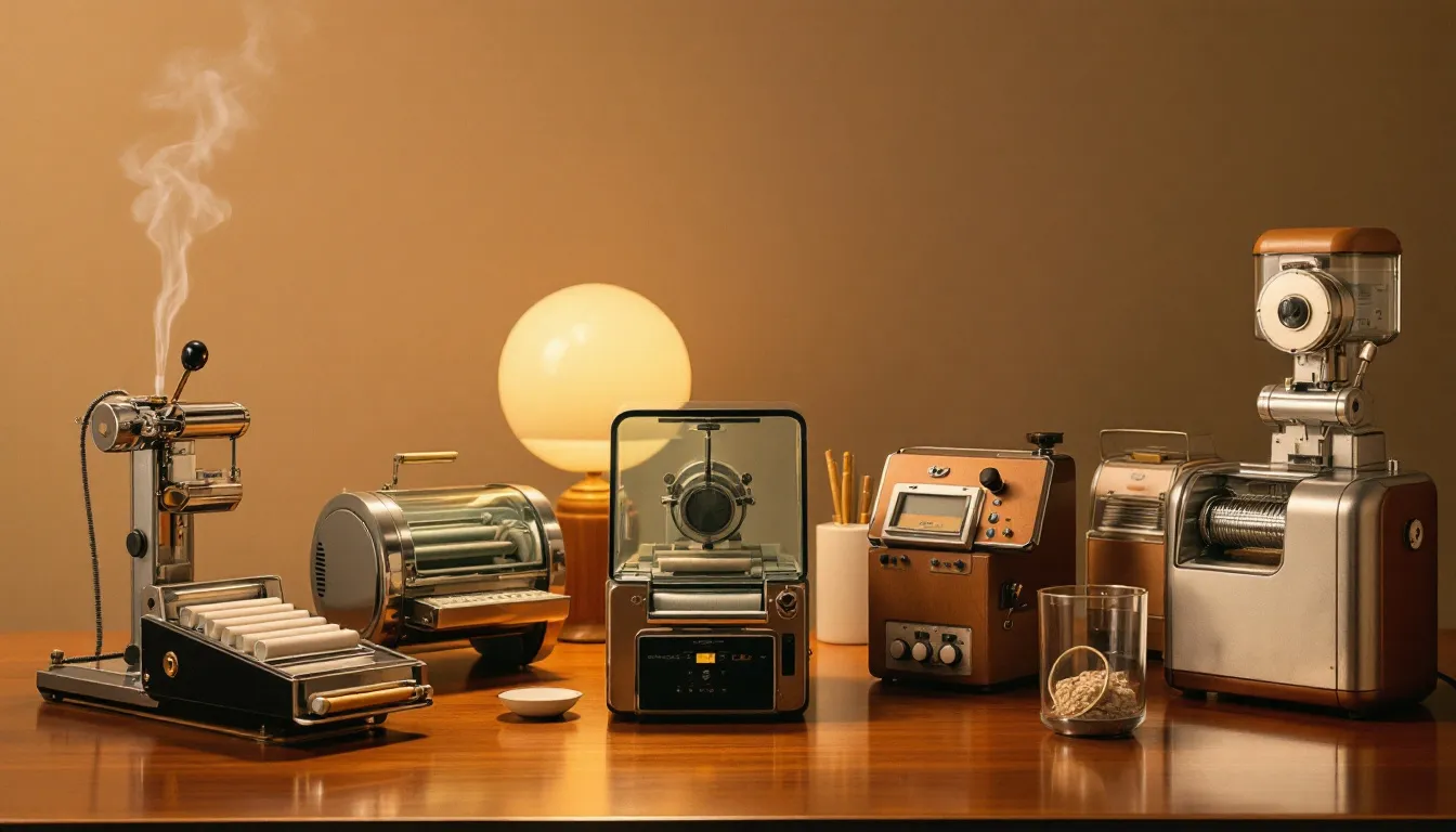 Various types of cigarette rolling machines displayed together, showcasing manual, automatic, and electric options.