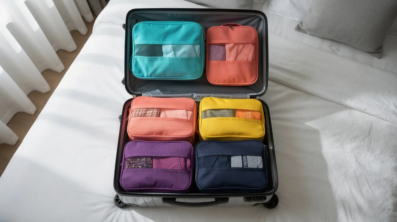 An open suitcase on a bed displays colorful packing cubes neatly arranged, providing a tidy way to store clean clothes and separate dirty laundry while traveling. This organized setup helps pack light for longer trips and makes laundry day easier with designated spaces for dirty clothes and other items.