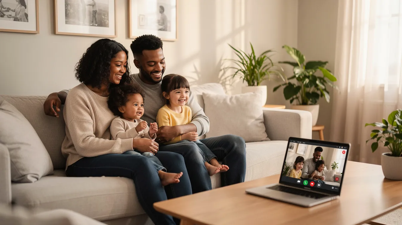 The image shows a family gathered around a computer, engaged in a calm video call at home, emphasizing the importance of online therapy for teens and mental health support. This virtual setting allows them to connect and discuss mental health concerns in a comfortable and familiar environment.