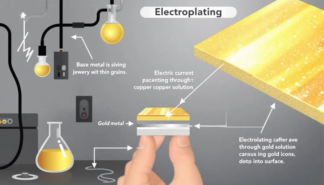 The image illustrates various types of gold plating techniques used in gold jewelry, showcasing pieces made from base metals like sterling silver, coated with a thin layer of gold, including options like gold vermeil and gold filled jewelry. It highlights the intricate process of gold plating, emphasizing the differences in gold content and thickness that affect durability and appearance in the jewelry industry.