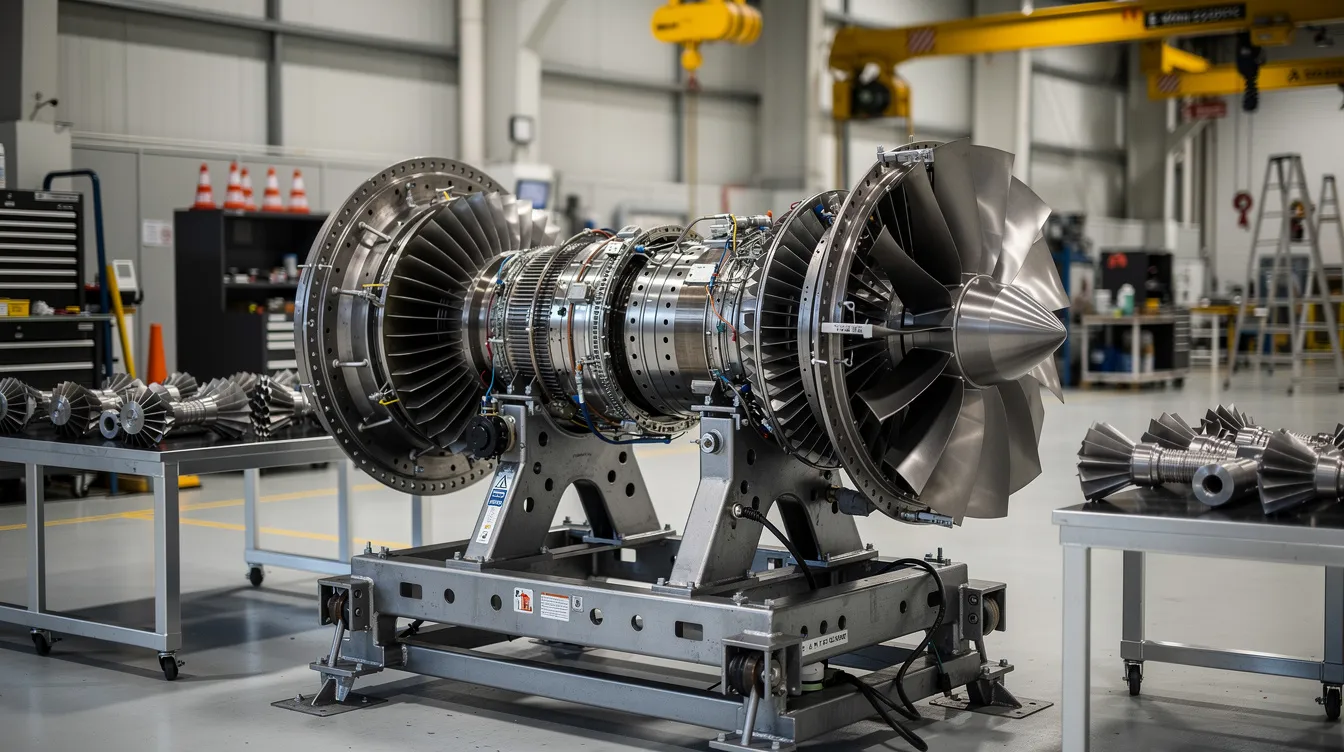 The image depicts a disassembled aerospace turbine engine resting on a maintenance stand, showcasing intricate machined metal casings and blade assemblies, including turbine blades made from advanced materials. This detailed view highlights the precision machining processes essential for aerospace manufacturing, emphasizing the complexity and structural integrity of critical engine parts.