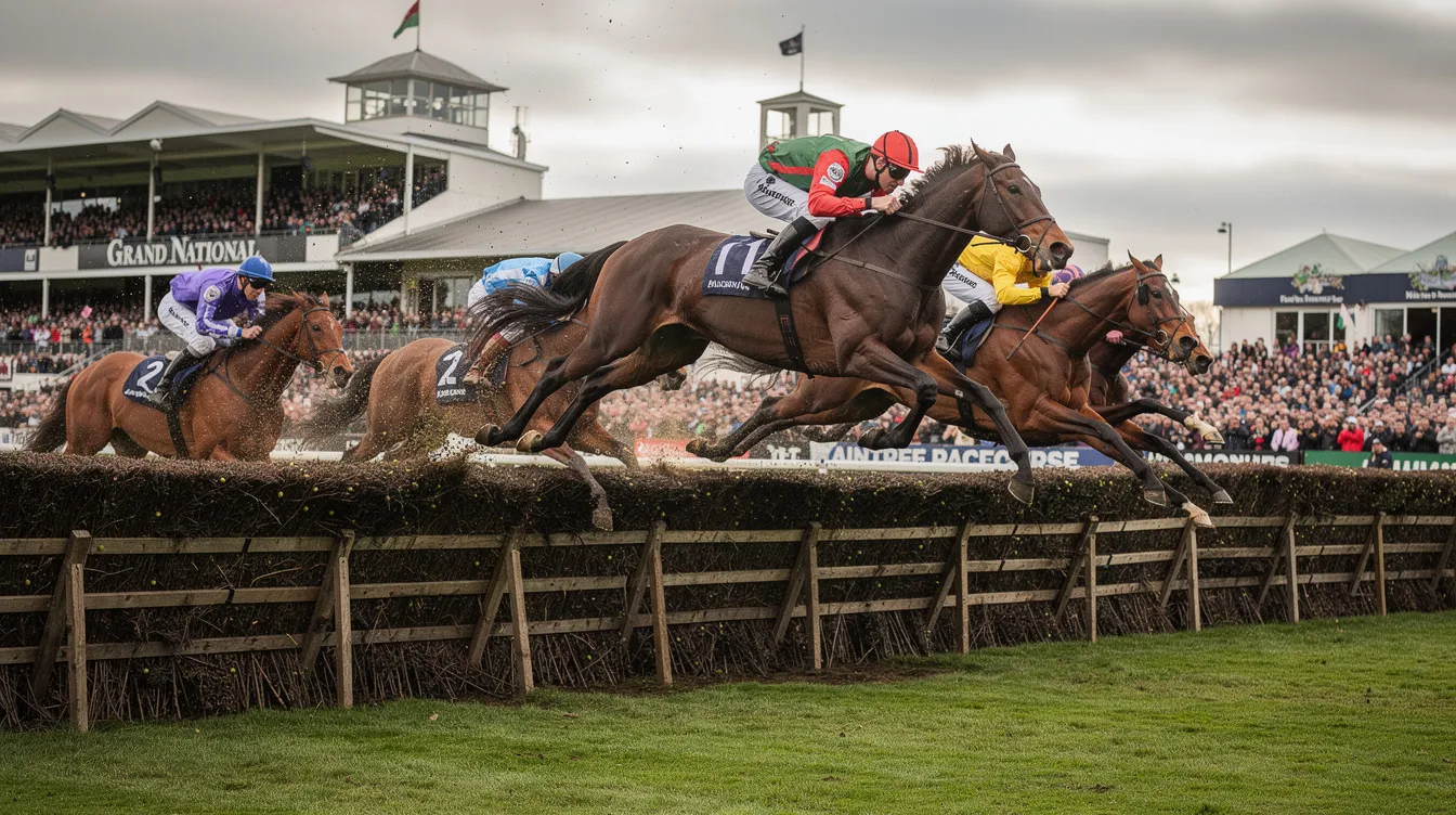 A group of horses and jockeys are racing over fences at Aintree racecourse during the Grand National festival, showcasing the excitement and skill involved in this iconic horse racing event. The scene captures the energy of the race, with spectators cheering and the vibrant atmosphere typical of Grand National day.