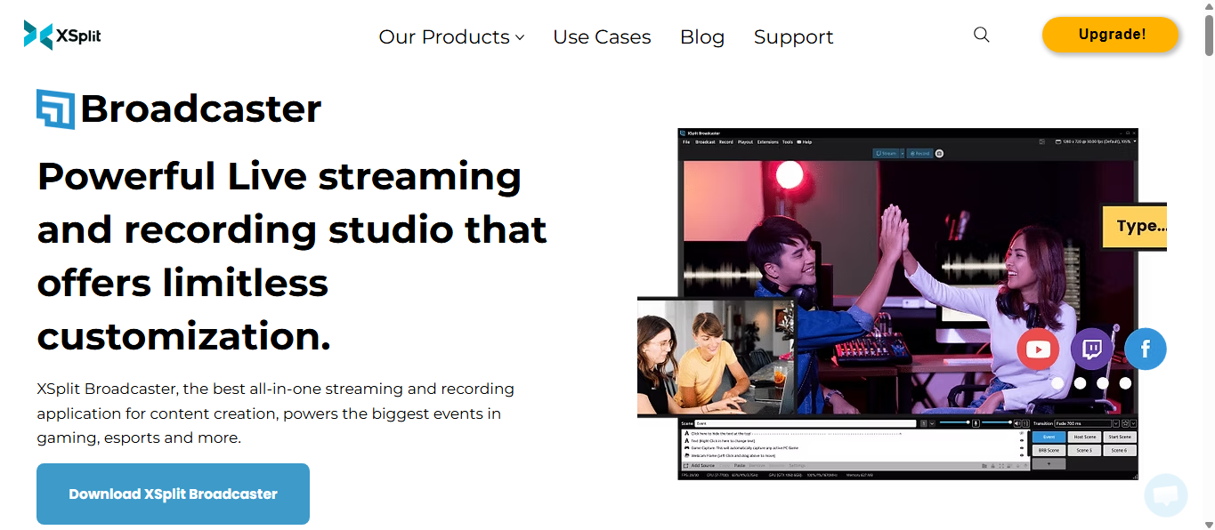 XSplit Broadcaster product page with “Powerful live streaming and recording studio” and studio interface preview.
