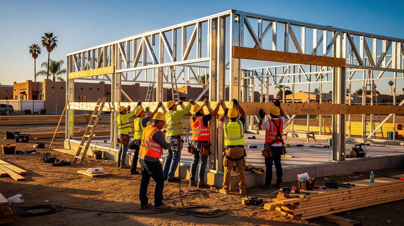 A group of construction workers, equipped with hard hats and safety vests, collaborate on a building frame at a job site in Southern California, showcasing the teamwork and skilled trades essential in the construction industry. This scene highlights the rewarding career paths and job opportunities available in construction projects, where workers utilize various tools and materials to build structures that support communities.