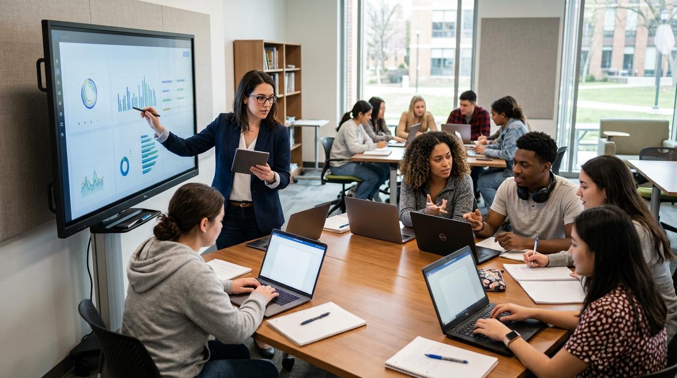 Modern classroom featuring an instructor analyzing digital assignments with AI assistance as students exchange feedback and edit essays around a shared table.