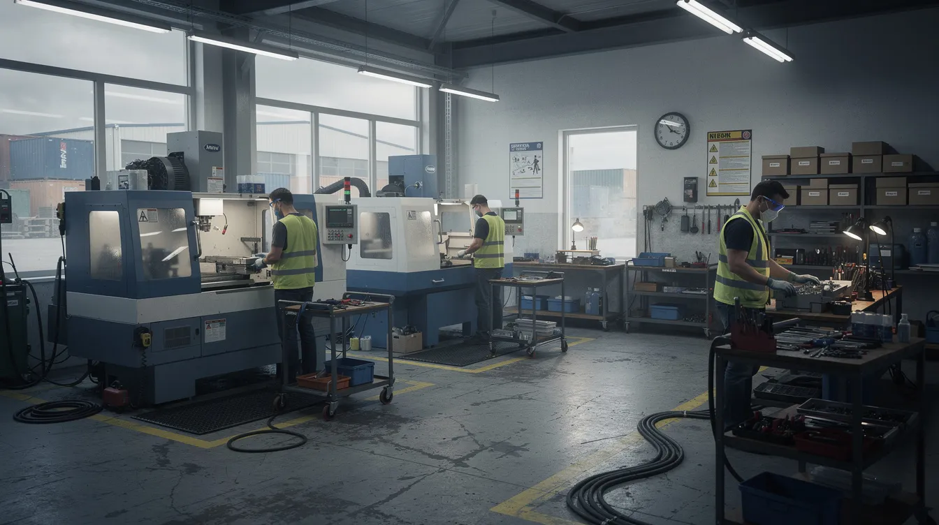 The image depicts a small manufacturing workshop bustling with activity, featuring various machinery and workers engaged in commercial manufacturing processes. This industrial setting illustrates the vital role of micro enterprises in the economy, highlighting the potential for growth supported by initiatives like the Mudra loan scheme.