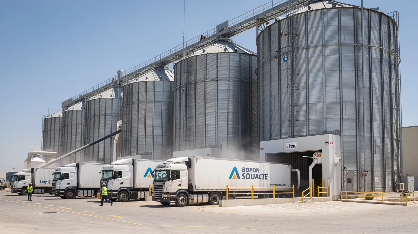 The image shows large grain storage silos at an industrial food processing facility, with trucks lined up for raw material delivery. This setting highlights the robust construction and operational efficiency essential for the food processing industry, where precise temperature control and low maintenance are crucial for processing various grains and pulses, including roasted chana.