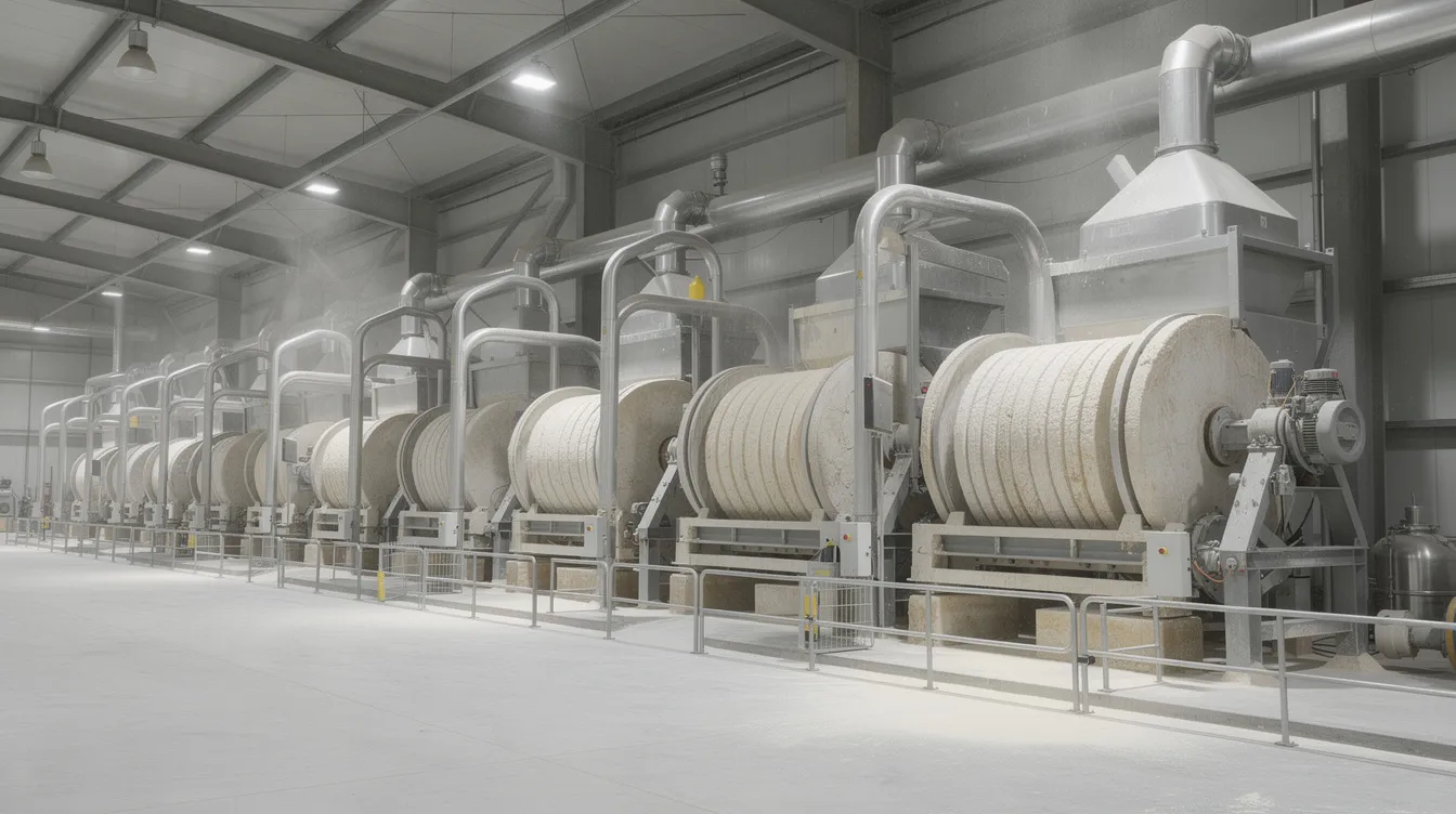 eea2c6fa e924 43d0 bc3a b9052d59c98c The image depicts large stone grinding mills lined up inside an industrial flour milling facility, designed for producing whole wheat flour and atta wheat flour. This flour mill machinery is essential for grinding wheat into fine flour, a basic staple food consumed widely in various forms such as baking flour and packaged wheat flour.