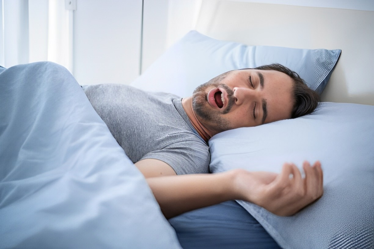 A photo of a man snoring while he is sleeping 
