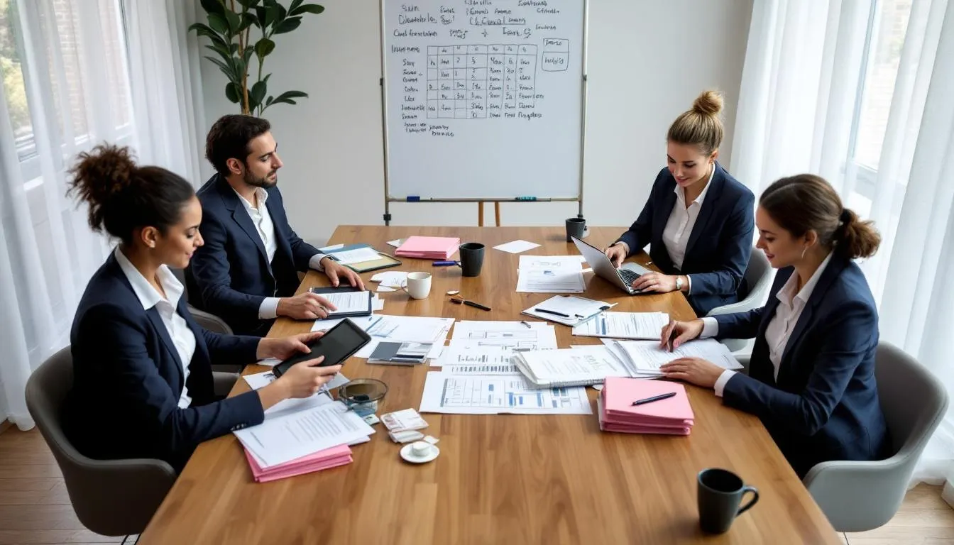 Un grupo de gerentes de salón de belleza se encuentra reunido alrededor de una mesa, revisando documentos y planificaciones relacionadas con la gestión y organización de sus sucursales. Se observa un ambiente de colaboración mientras discuten estrategias para mejorar la atención al cliente y optimizar las reservas y servicios en sus salones.
