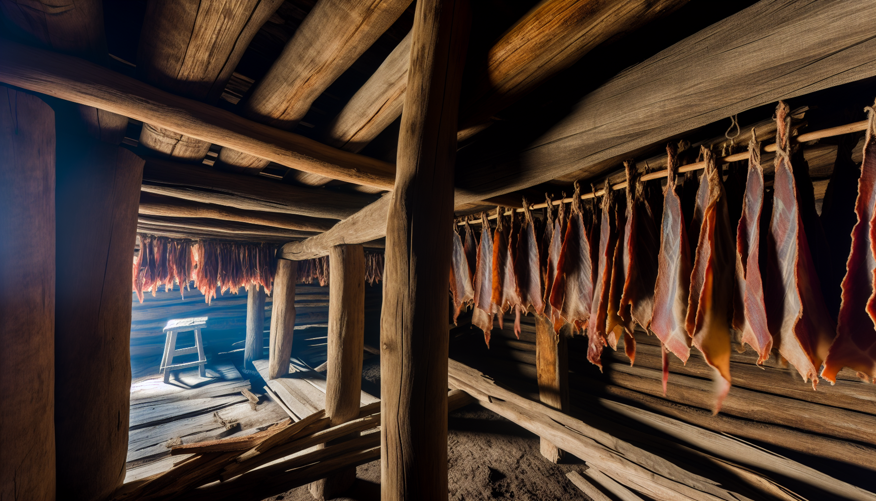 Traditional Mongolian dried meat hanging for preservation