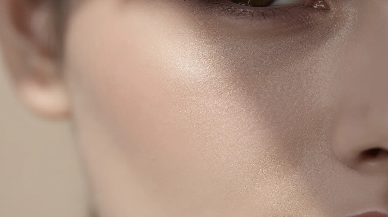 A close-up photograph shows the lower eye and cheek area of a person, highlighting a smooth skin contour with no visible signs of excess skin or bulging fat pads. This image suggests the results of lower eyelid surgery, specifically transconjunctival lower blepharoplasty, which aims to enhance the appearance by removing or trimming the under-eye fat pads.