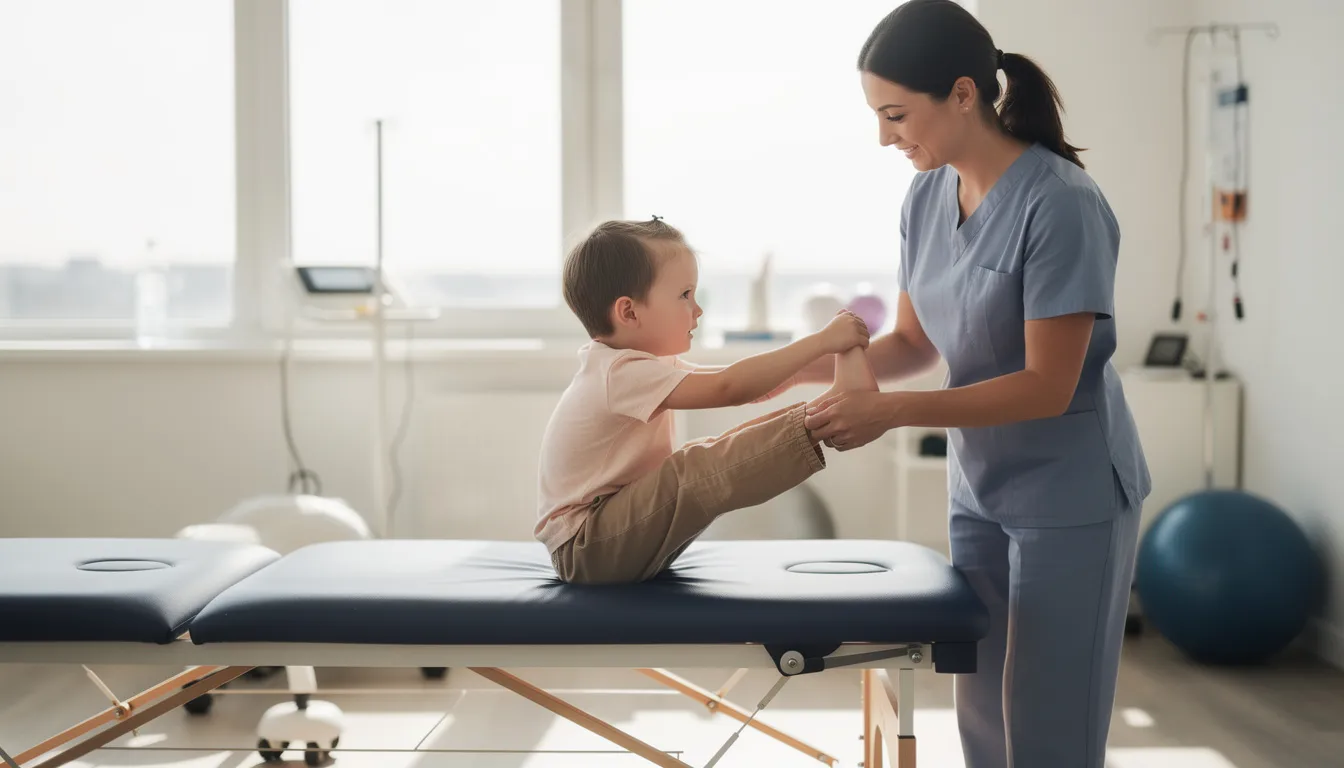 The image shows a young child with limited mobility engaged in physical therapy, supported by a caring therapist who uses adaptive equipment to assist with their movements. This scene highlights the importance of medical professionals in helping children with cerebral palsy achieve developmental milestones and improve their quality of life.