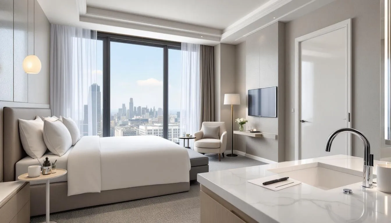 A perfectly prepared luxury hotel room is depicted, showcasing immaculate cleanliness and attention to detail, reflecting the high standards upheld by the housekeeping staff. The room is elegantly arranged, emphasizing the importance of guest satisfaction and the efficiency of hotel operations.
