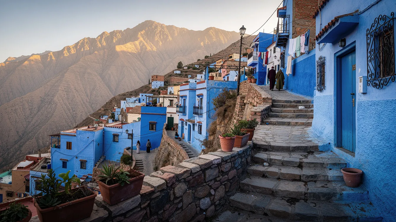 The image depicts a picturesque Moroccan mountain village characterized by traditional blue-painted buildings nestled among the stunning High Atlas Mountains. This scene reflects the rich Moroccan culture and architecture, set against the backdrop of the rugged terrain typical of northwest Africa.