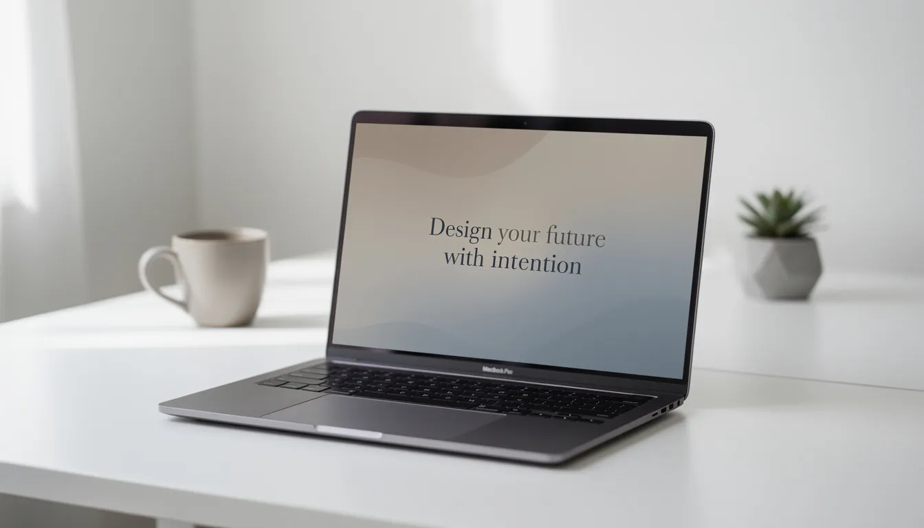 A sleek laptop sits on a tidy desk, displaying a motivational wallpaper featuring thoughtful typography in soft, muted colors. This inspiring image invites viewers to explore their potential and achieve their goals.