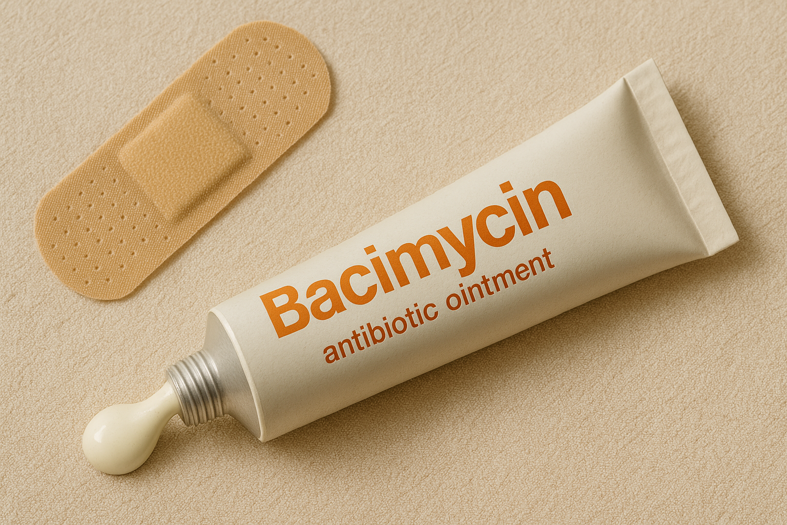 Nærbilde av antibiotikasalve og plaster på myk bakgrunn, symboliserer lokal behandling.