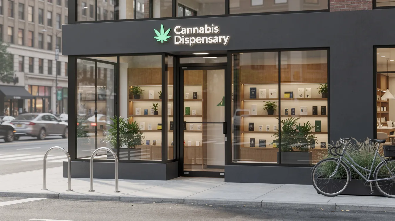 The image depicts a modern cannabis dispensary storefront with large glass windows, located on a bustling city street. The shop showcases various cannabis products, highlighting the legal status of recreational and medical cannabis in Washington state, where consumers can purchase hemp-derived products and other cannabinoids.