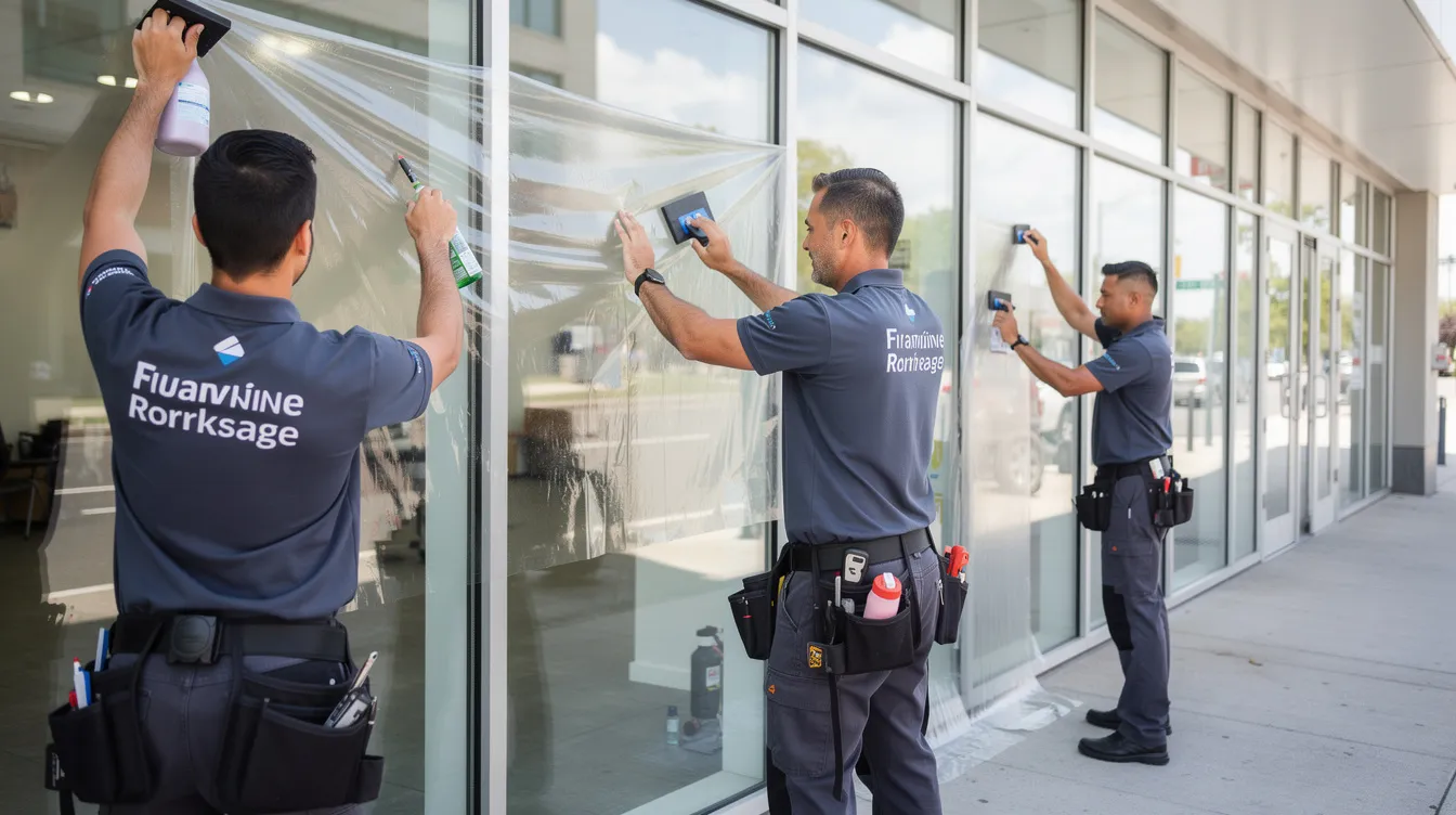 A group of franchise trainees is engaged in a hands-on practice session, installing window film on a glass storefront, showcasing their skills in home improvement services. This training emphasizes the importance of specialized services and comprehensive training within the home improvement franchise opportunities.